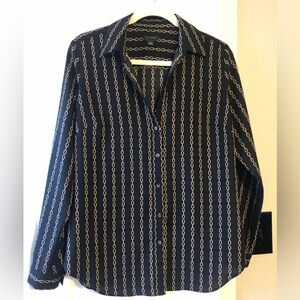 Ann Taylor Chain Print Button Front Blouse Black & Gold | Women’s Medium